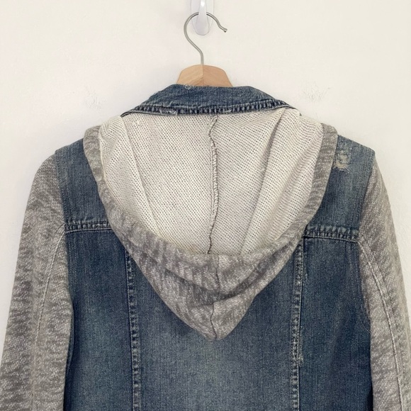 Free People Throwback Distressed Denim Knit Hooded Jacket Medium - Picture 8 of 16